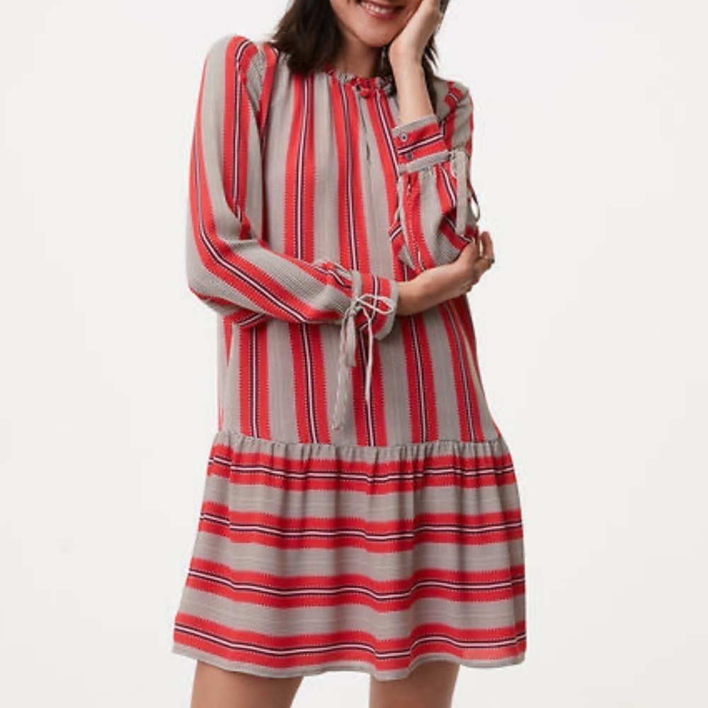 Loft Red and White Striped Flounce Dress